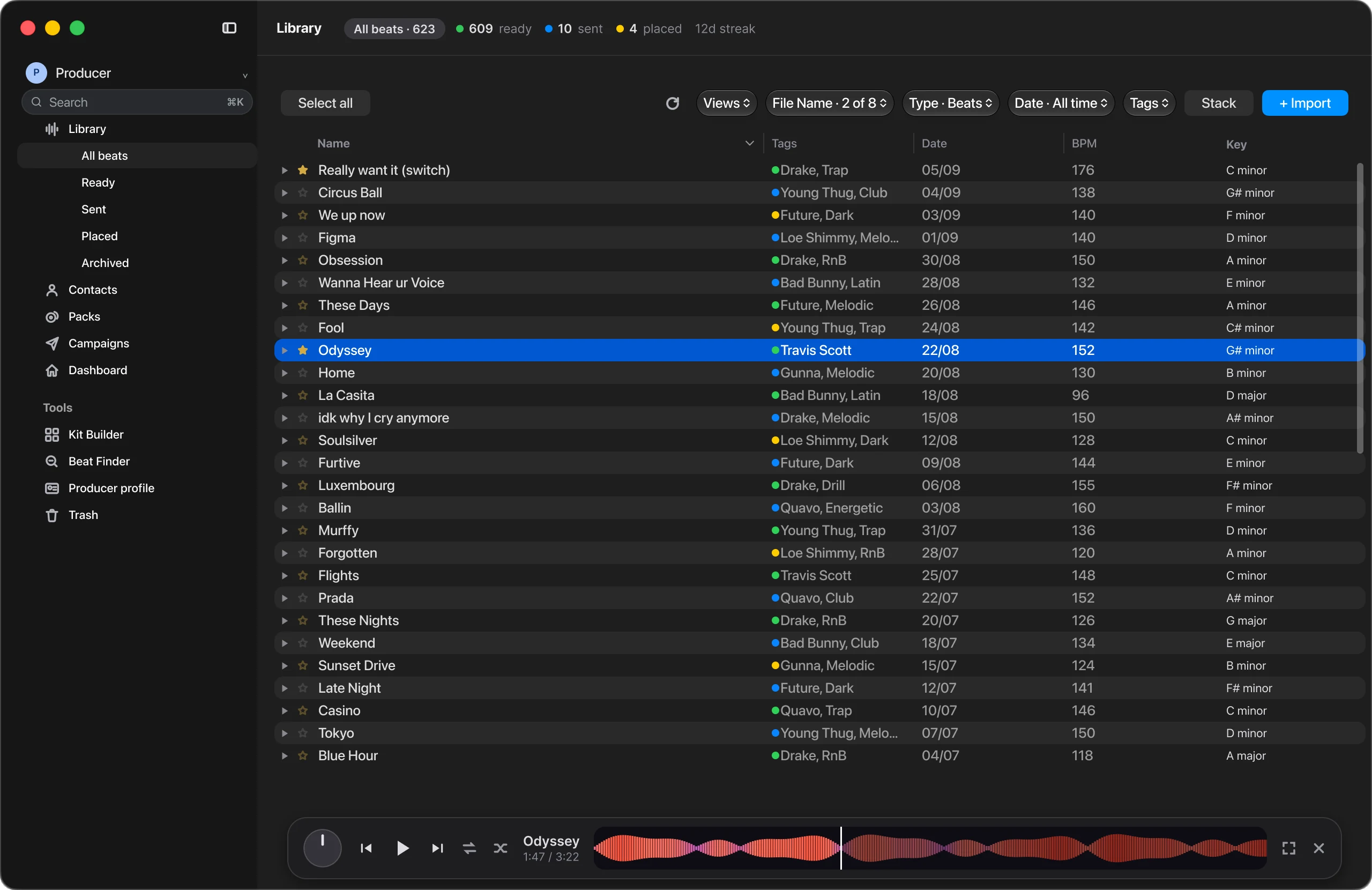 The same beats in Grind: the Grind library in dark mode, every beat with its reference artists and genre, date, tempo and key.